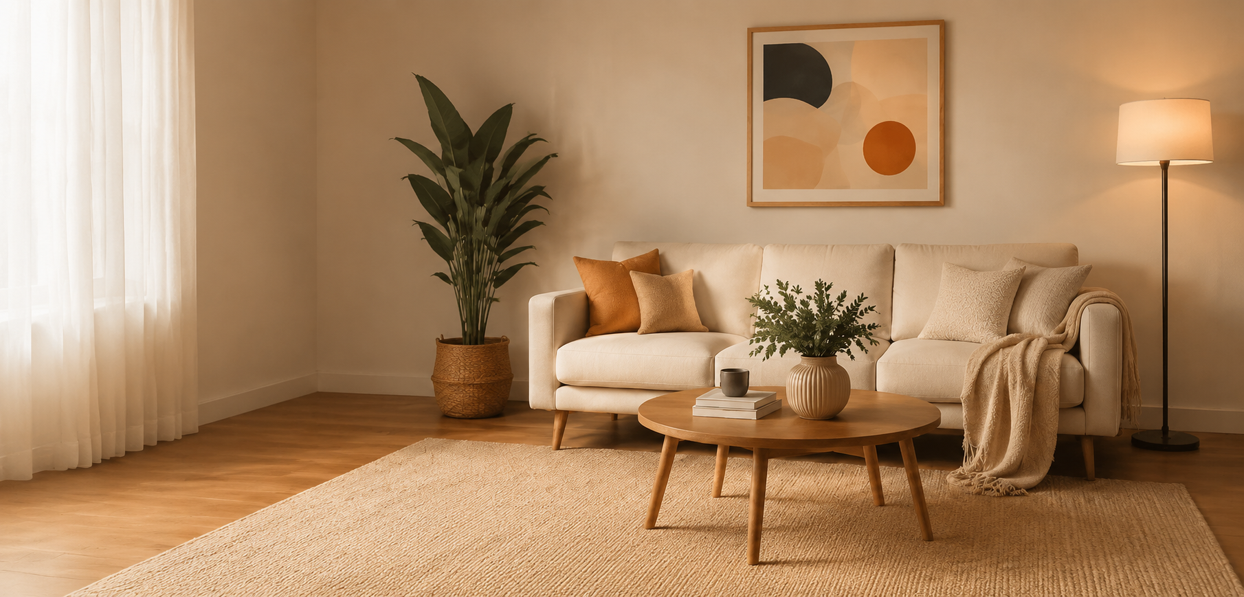 Warm living room scene with sofa, coffee table, and floor lamp