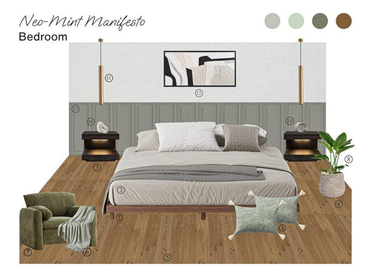 Neo-Mint Manifesto Bedroom: Serene Minimalist Design with Natural Elements