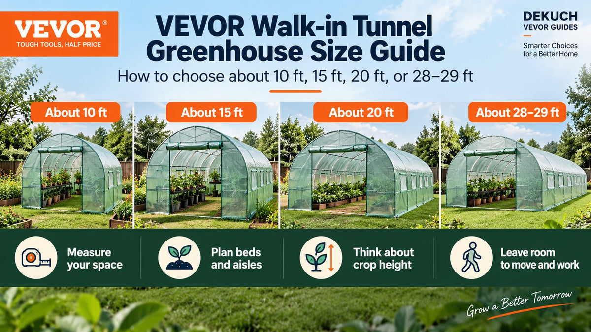 VEVOR walk-in tunnel greenhouse size guide comparing about 10, 15, 20 and 28 to 29 ft options