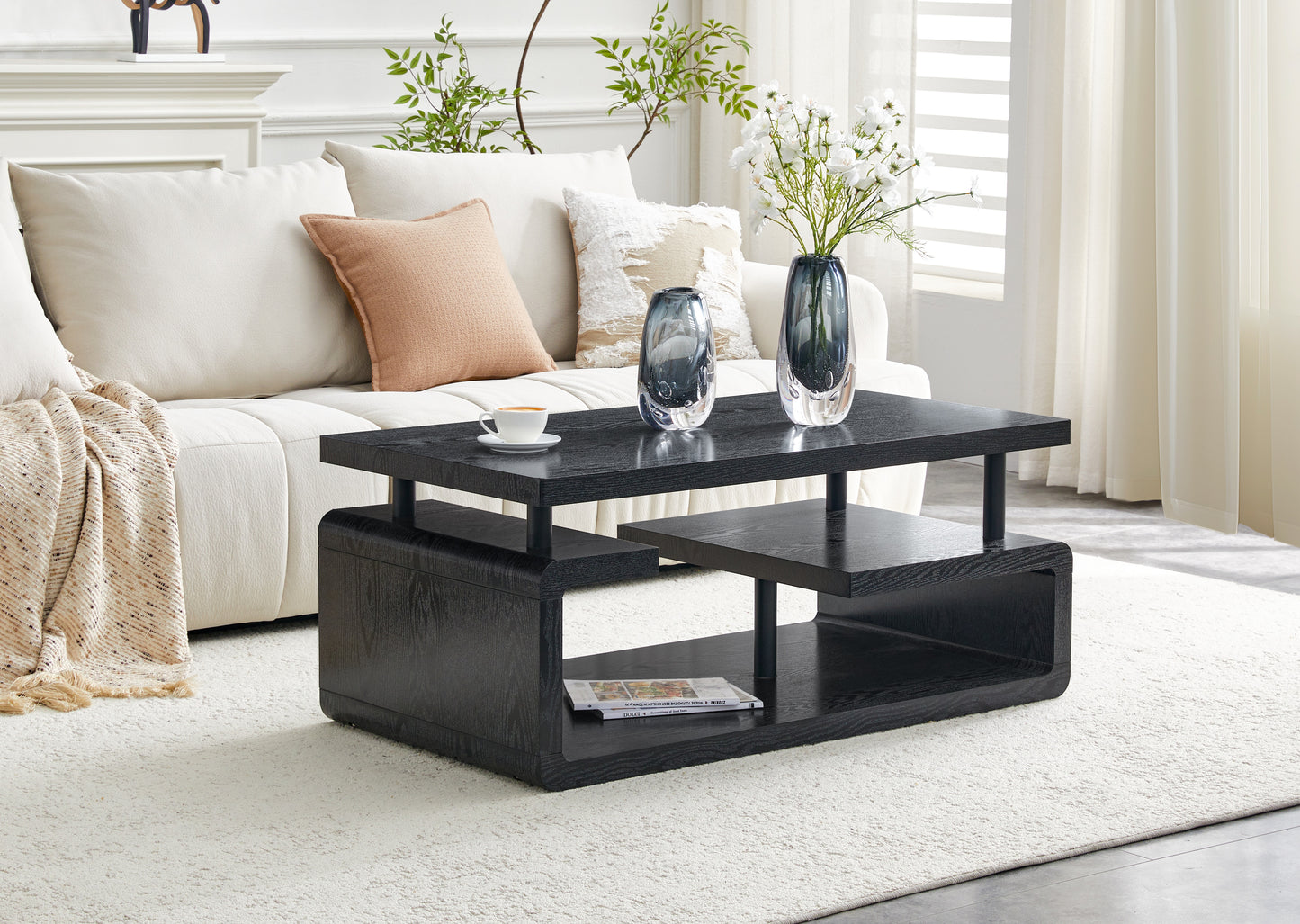 Three-Tier MDF Coffee Table with Black Wood Grain Finish, Modern Multi-Layer Storage Coffee Table Sturdy Frame for Living Room Office image 1