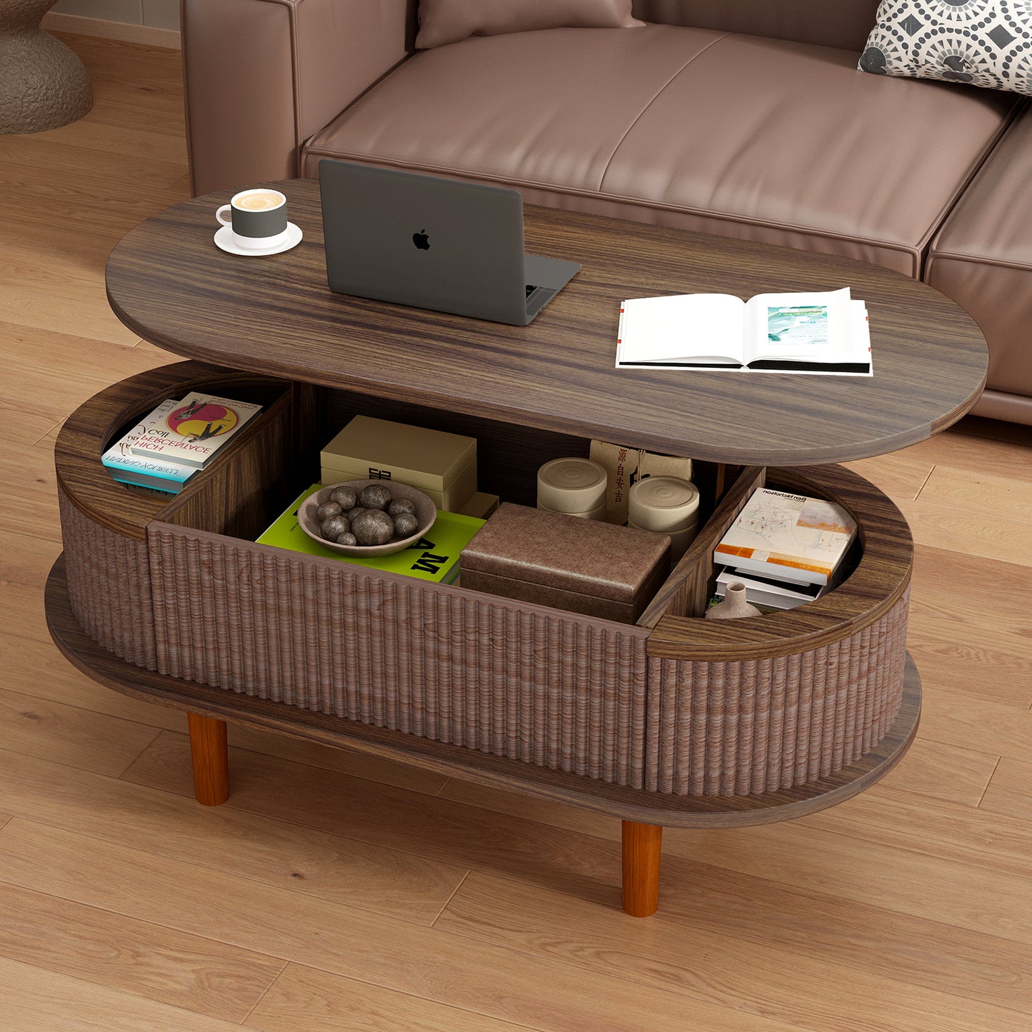 Fluted Lift Top Coffee Table with Hidden Compartment, Wooden Center Table, Modern Oval Lift Tabletop for Home Living Room Office, Walnut Color image 1