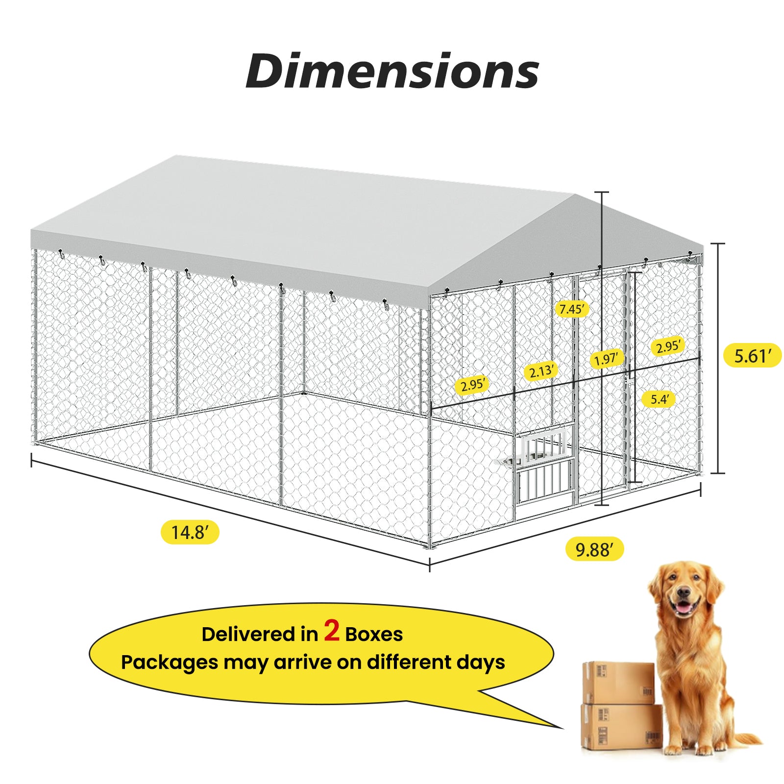 15x10 FT Large Outdoor Dog Kennel with Canopy, Heavy Duty Galvanized Steel Frame, Waterproof Cover, Built-in Elevated Feeding Bowls, Escape-Proof Lockable Pet Playpen for Large Dogs & Multiple Animal image 4