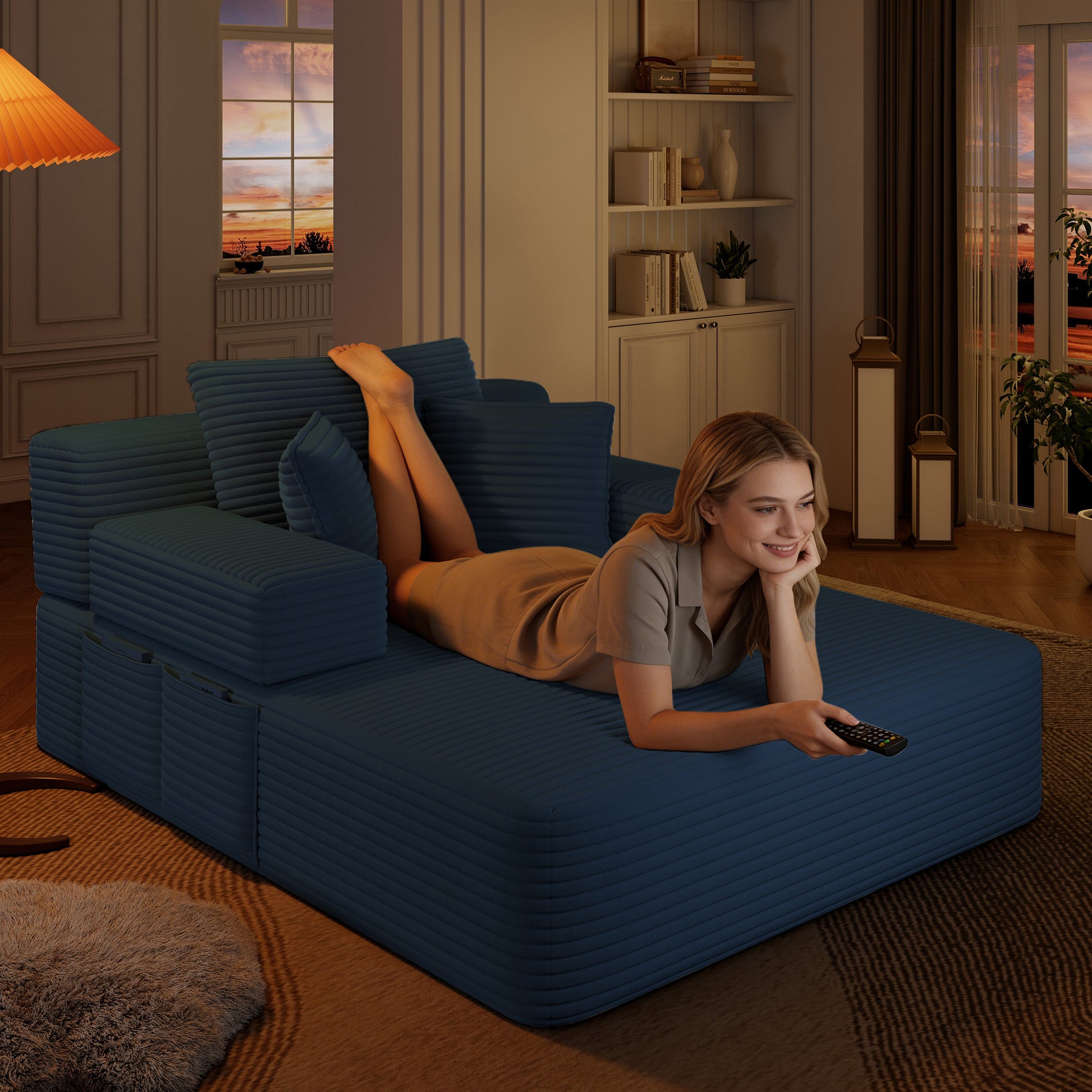 Luxurious Plush Corduroy Chaise Lounge with 3 Pillows, Convertible Sofa Bed with Storage Pocket, Frameless Design & Compression Foam for Small Spaces, Living Room, Apartment,Blue image 4