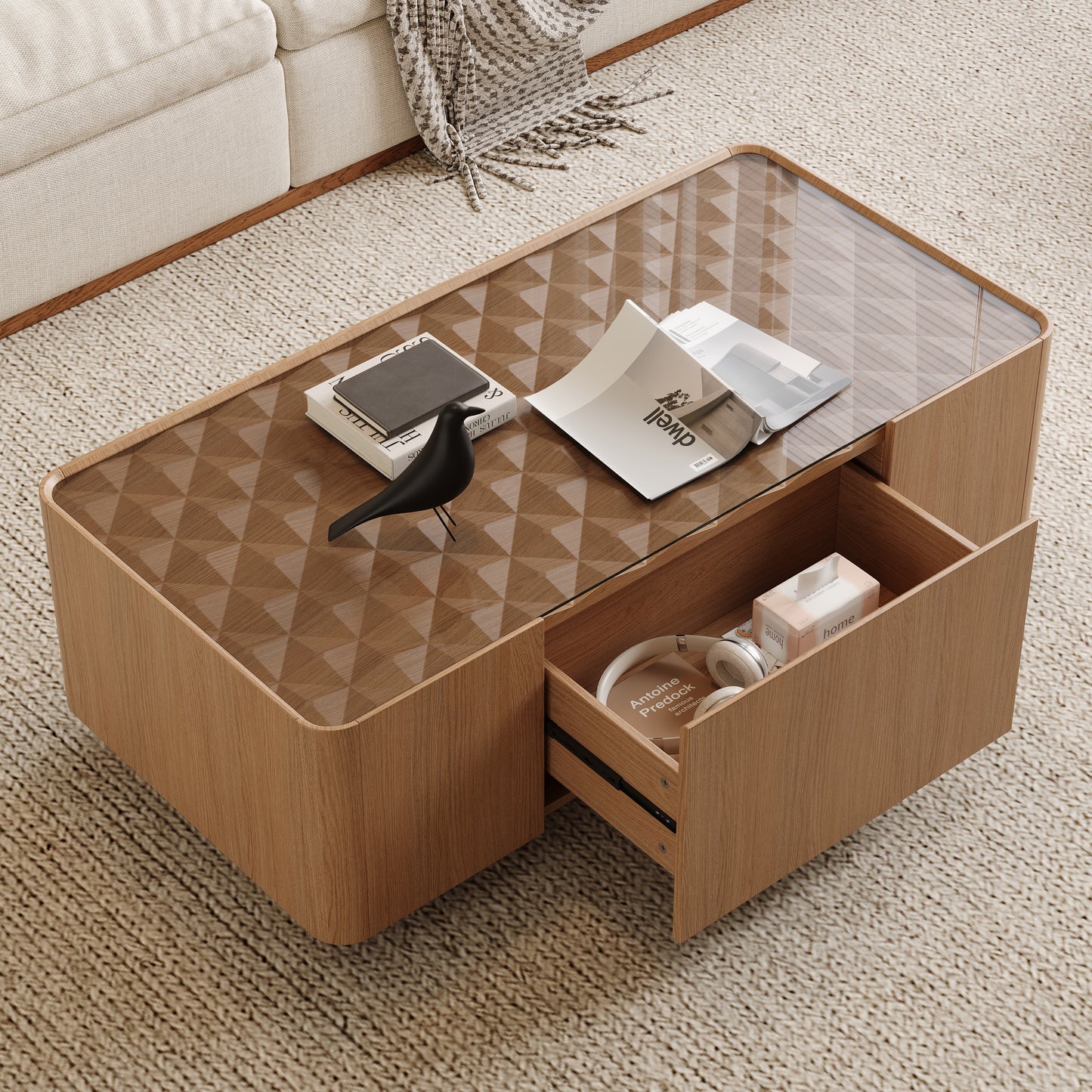 46.8" Mid-Century Modern Glass Top Coffee Table,Rectangular Center Table with Hidden Storage Drawers for Living Room,Contemporary Storage Coffee Table with Stable Base for Apartment Home(Light Walnut) image 5