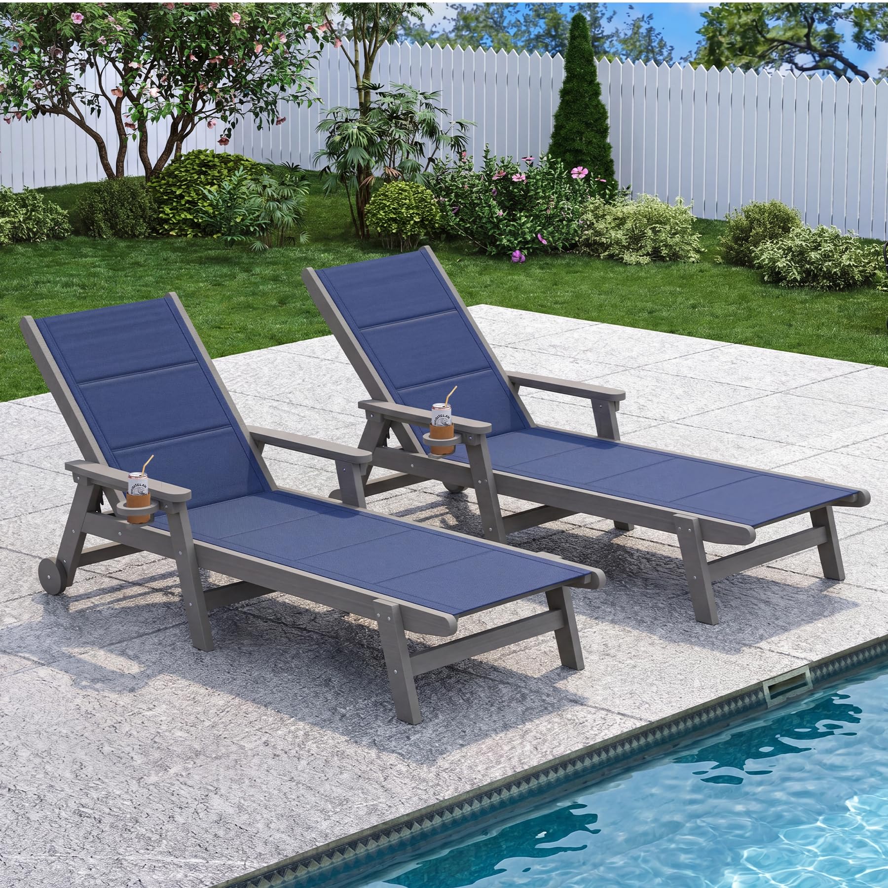 Outdoor Pool Lounge Chairs Set of 2, HDPE Patio Lounge Chair with Wheels, Double-Layer Fabric Chaise Lounge Chair for Pool, Sunbathing Tanning, Lawn, Navy Blue image 3
