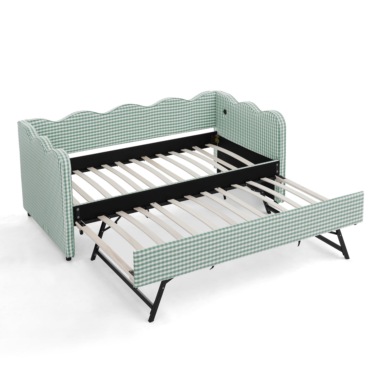 Cozy Gingham Daybed with Trundle Twin Size Sofa Bed No Box Spring Needed, with USB Port and Adorable Wave Shaped, Linen Fabric image 5