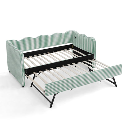 Cozy Gingham Daybed with Trundle Twin Size Sofa Bed No Box Spring Needed, with USB Port and Adorable Wave Shaped, Linen Fabric image 5