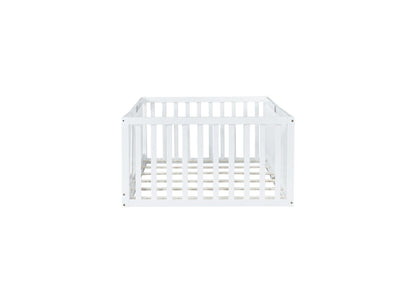 Twin Size Floor Bed with High Fence Railings, with Door, Rubber Wood Floor Bed with Safety Guardrails,White (Old Sku W504P287652) image 10