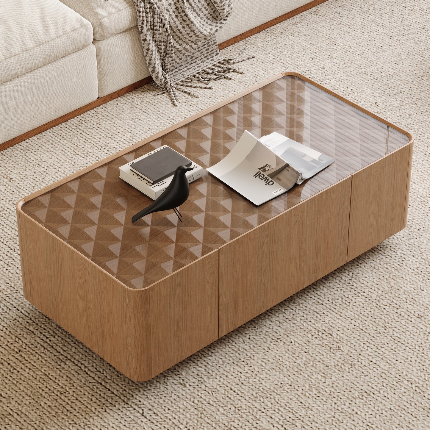 46.8" Mid-Century Modern Glass Top Coffee Table,Rectangular Center Table with Hidden Storage Drawers for Living Room,Contemporary Storage Coffee Table with Stable Base for Apartment Home(Light Walnut) image 1
