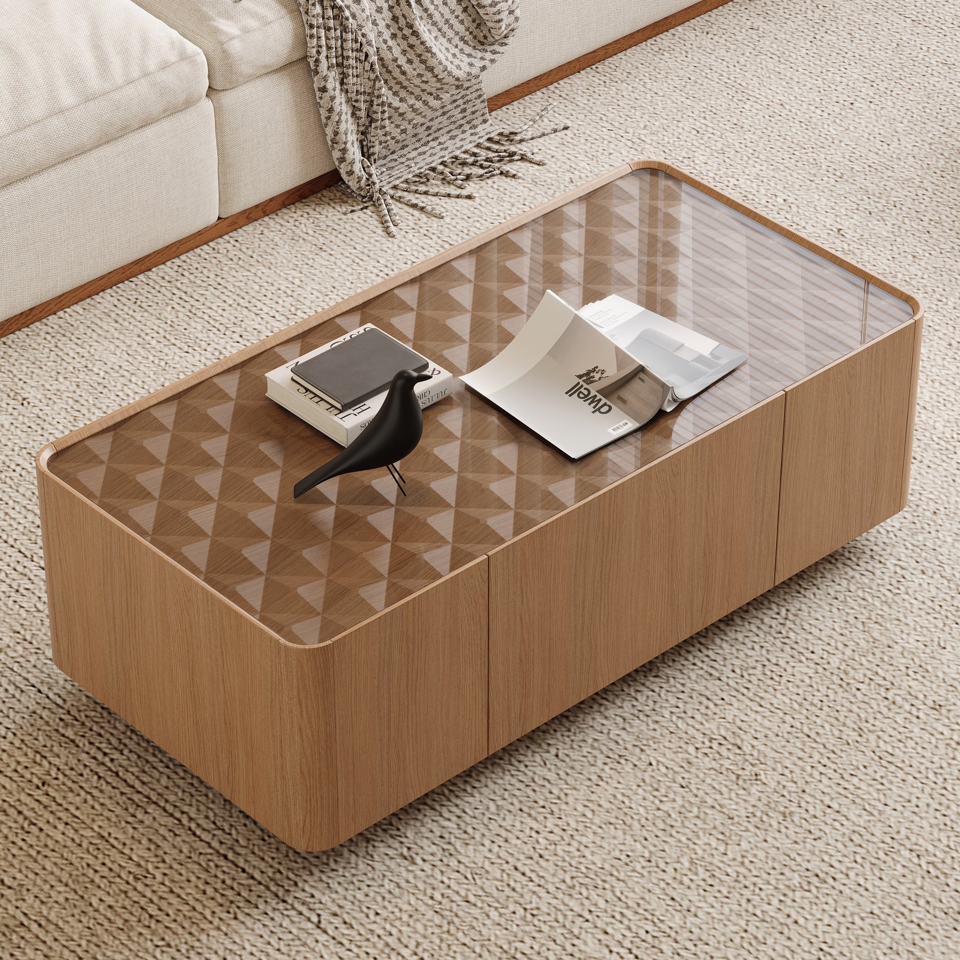 46.8" Mid-Century Modern Glass Top Coffee Table,Rectangular Center Table with Hidden Storage Drawers for Living Room,Contemporary Storage Coffee Table with Stable Base for Apartment Home(Light Walnut) image 1
