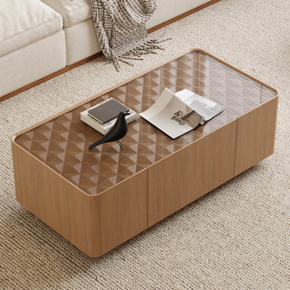 46.8" Mid-Century Modern Glass Top Coffee Table,Rectangular Center Table with Hidden Storage Drawers for Living Room,Contemporary Storage Coffee Table with Stable Base for Apartment Home(Light Walnut) image 1
