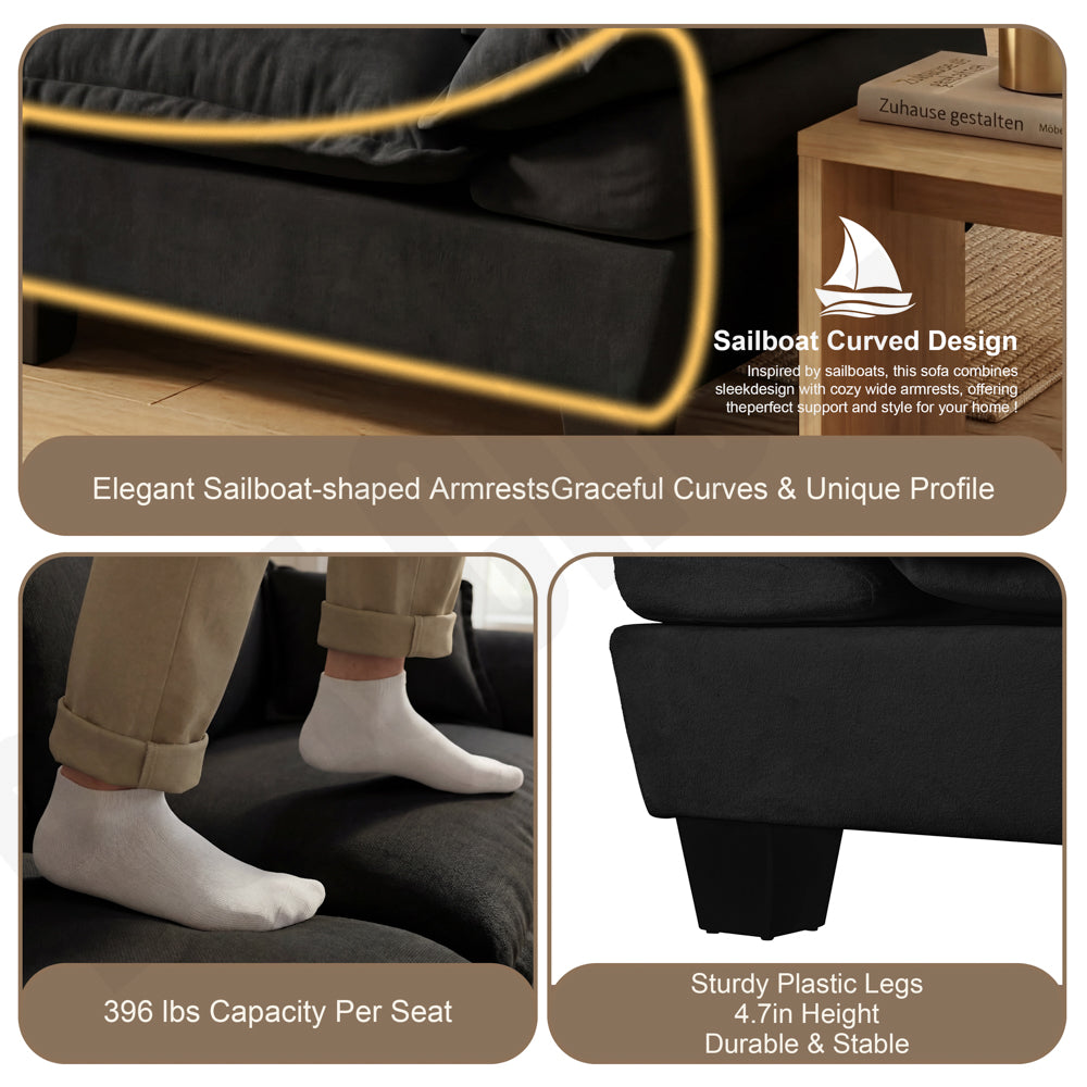 Chenille Sailboat Sofa, 2-Seater Modular Loveseat with Curved Armrests, Comfort-First Couch for Small Spaces & Apartments, Black image 4