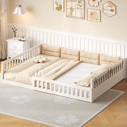 Wood Full Size Upholstered Platform Bed with Guardrail and Pillow, Beige image 1