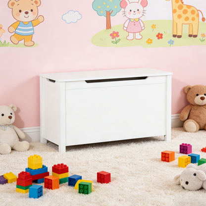 Kids Wooden Toy Box Storage with Safety Hinged Lid for Ages 2+ (White) image 1