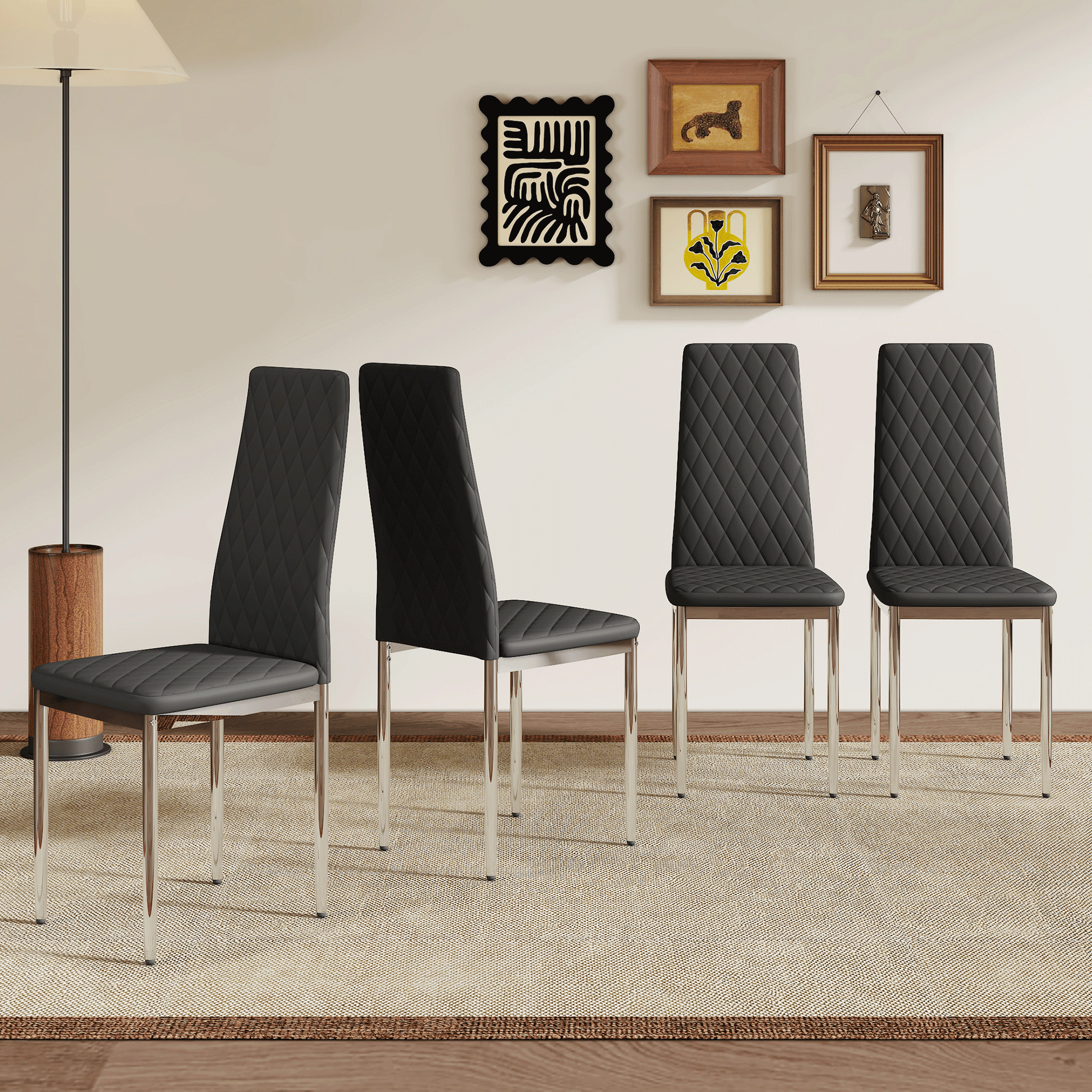 Modern Style Dining Chairs Set of 4 in Black, Essential for Minimalist Homes.Meeting Family Dining Needs,PU Material Seat,Silver Metal Legs,Blending into Various Home Environments.W1151107272 image 1