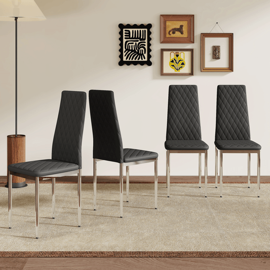 Modern black PU dining chairs set of 4 with silver metal legs - front view