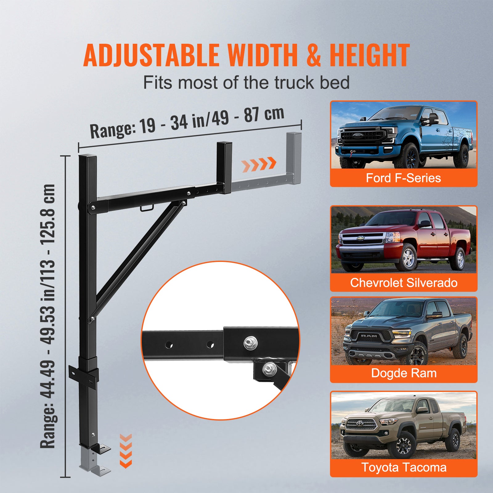 Truck Rack, 19-34inch Extendable Truck Ladder Rack, 38.6"-43.6" Adjustable Height, 250 lbs Capacity Steel Ladder Rack for Truck, Heavy Duty Truck Bed Rack for Kayak, Surfboard, Lumber, Ladder image 5