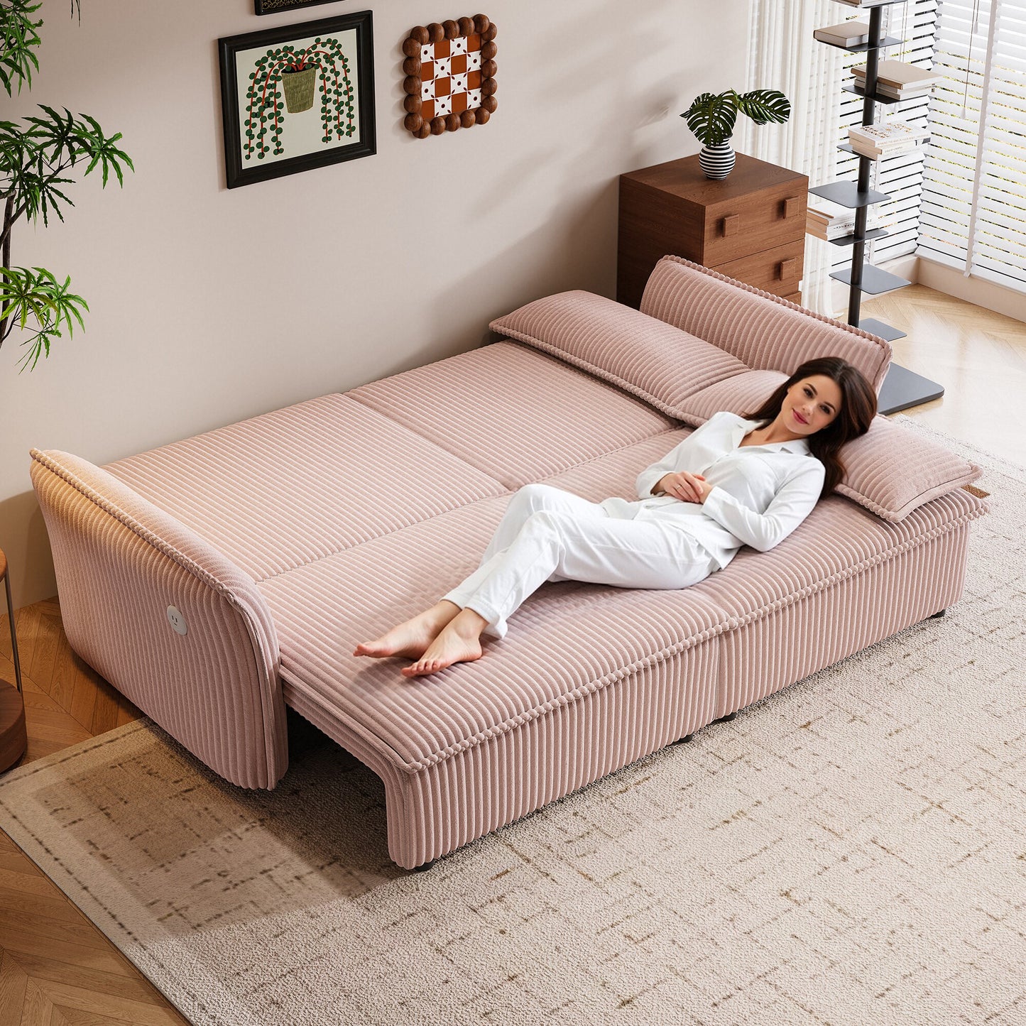 This is a multi-functional sofa with a 85-inch convertible sofa bed. It is in a two-in-one design, suitable for both sitting and lying. It is made of plush fabric and is suitable for both living rooms image 1