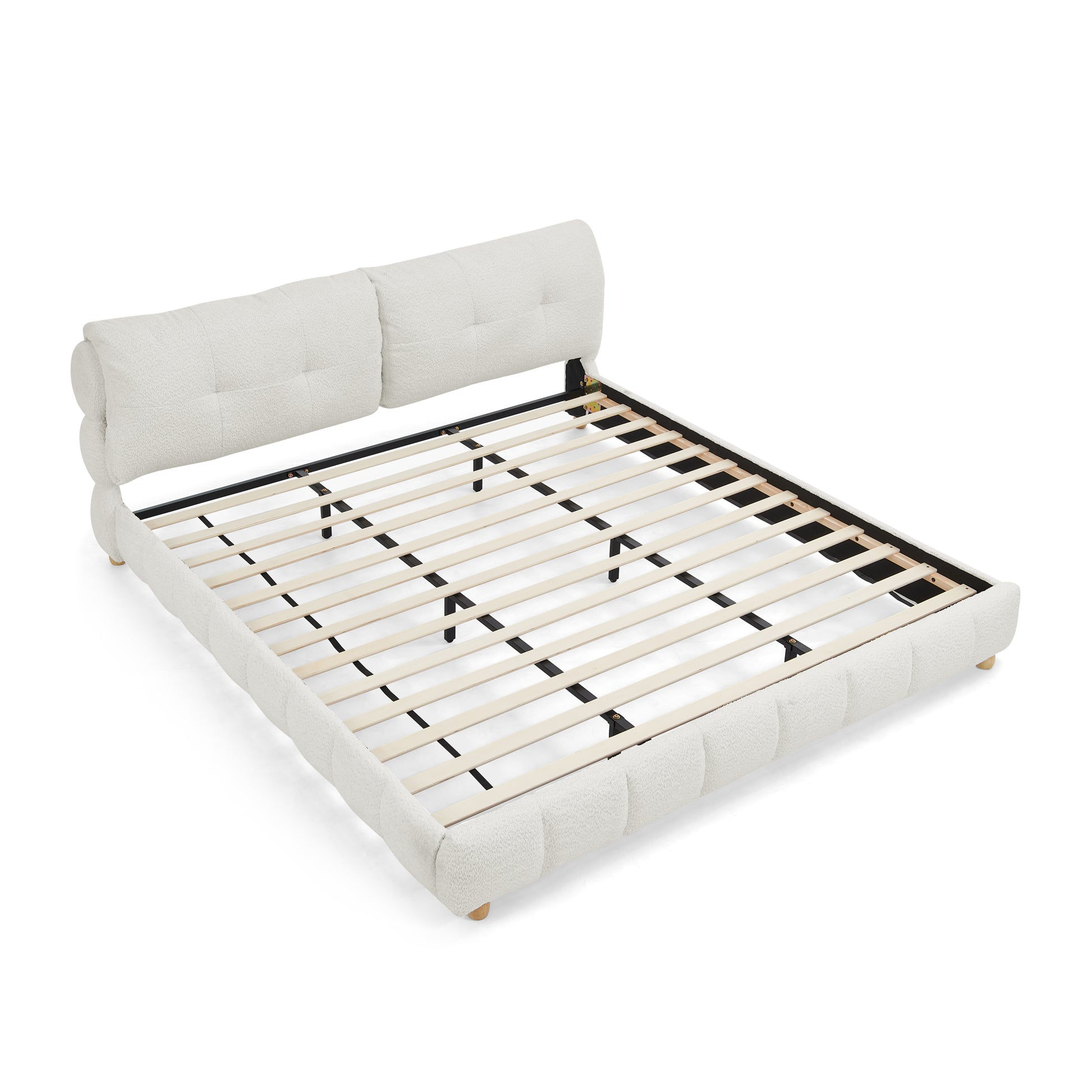 King Cream Style Bouclé Fabric Platform Bed, Soft Cloud-Like Upholstered Frame with Solid Wood Legs, No Box Spring Needed image 7