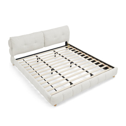 King Cream Style Bouclé Fabric Platform Bed, Soft Cloud-Like Upholstered Frame with Solid Wood Legs, No Box Spring Needed image 7