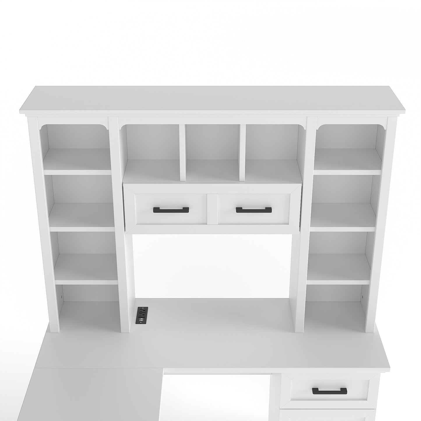 L-Shaped Computer Desk with 2 Cabinets and 2 Drawers, 11 Open Shelves and 1 Right Flip Shelf with Storage, with Power Outlet, for Study, Living Room and Office, White image 11