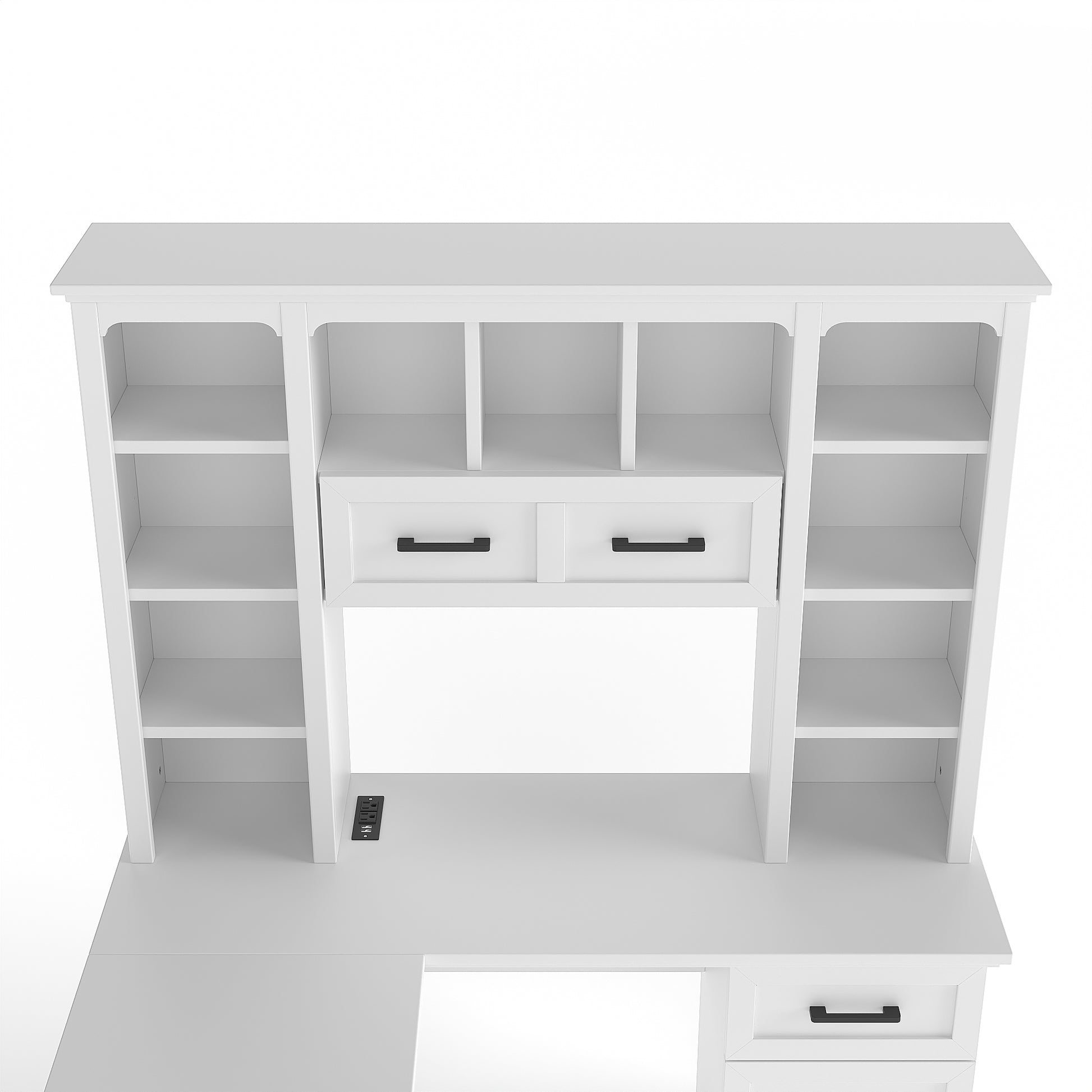 L-Shaped Computer Desk with 2 Cabinets and 2 Drawers, 11 Open Shelves and 1 Right Flip Shelf with Storage, with Power Outlet, for Study, Living Room and Office, White image 11