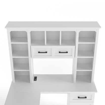L-Shaped Computer Desk with 2 Cabinets and 2 Drawers, 11 Open Shelves and 1 Right Flip Shelf with Storage, with Power Outlet, for Study, Living Room and Office, White image 11