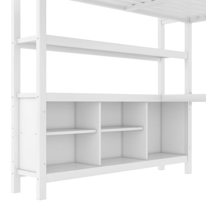 Metal Loft Bed with Wardrobe And L-shaped Desk, Queen Size Loft Bed with Storage Cubes and Shelves, Heavy Duty Loft Bed for Kids Teens Adults, White image 7