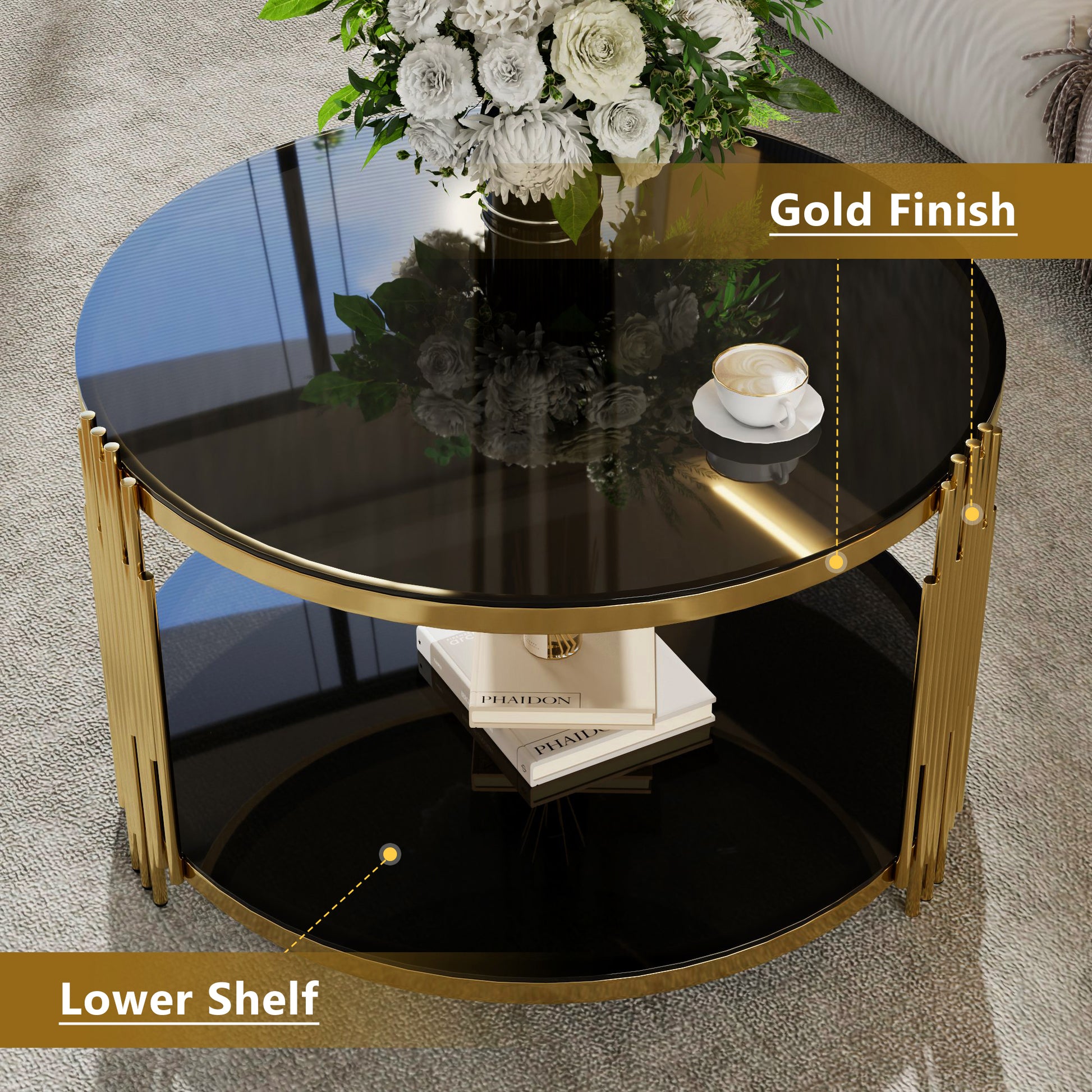 Modern Black Mirror Coffee Table, Asymmetrical Metal, Circular Metal Drum Base, Gold Finish & Lower Shelf image 6