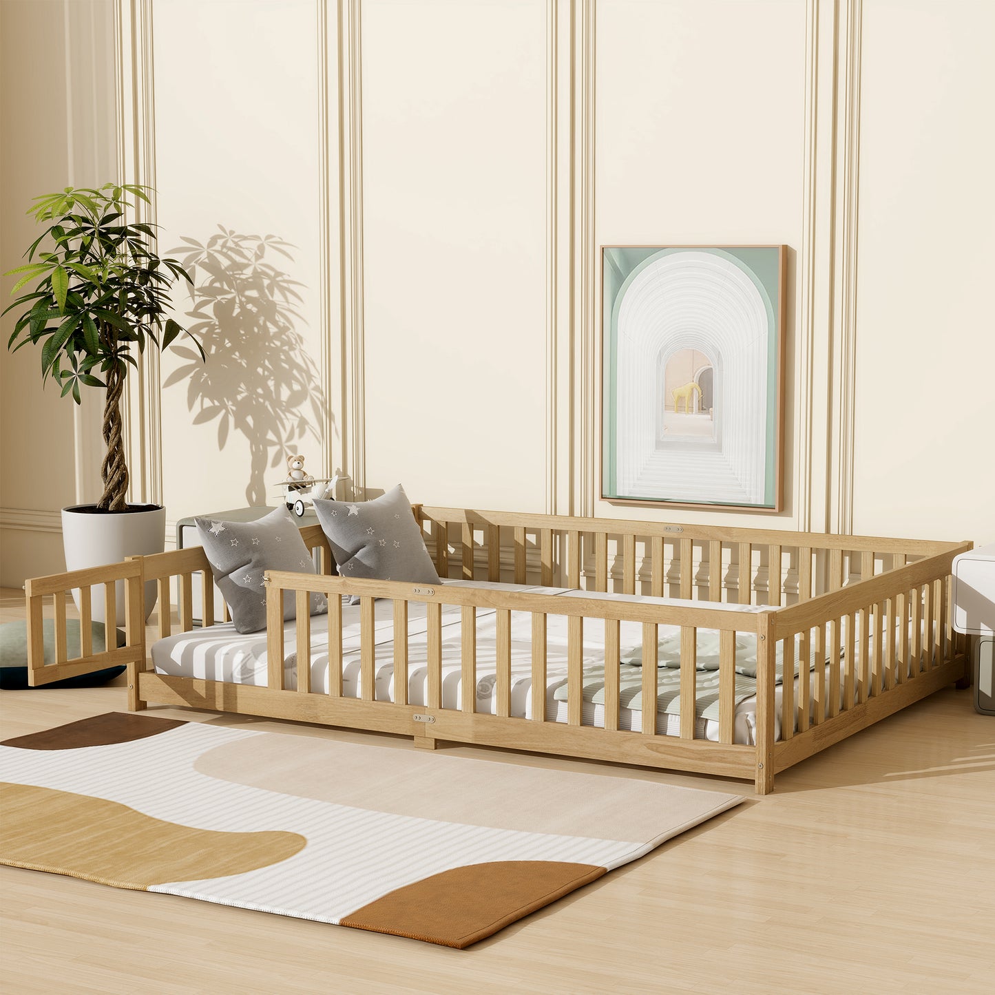 Queen Size Floor Bed with Fence,Door,Rubber Wood Floor Bed with Safety Guardrails,Natural (Old Sku W504P286389) image 3