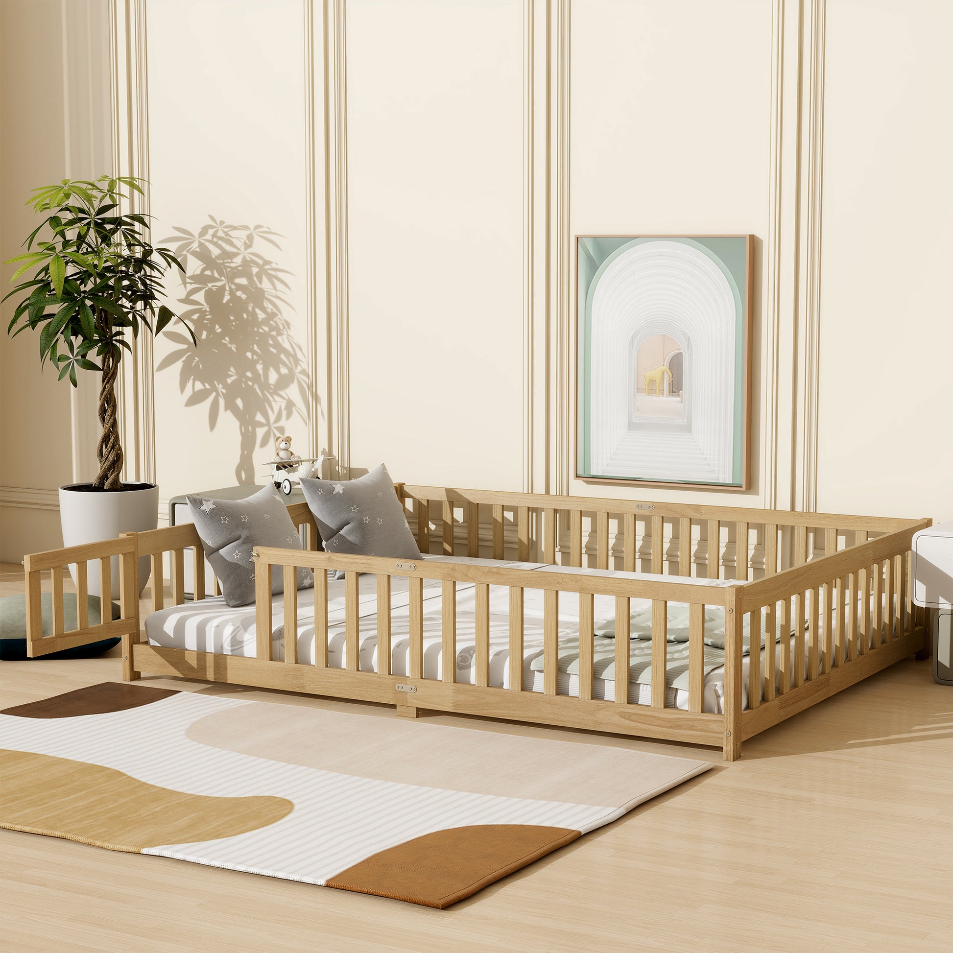 Queen Size Floor Bed with Fence,Door,Rubber Wood Floor Bed with Safety Guardrails,Natural (Old Sku W504P286389) image 3