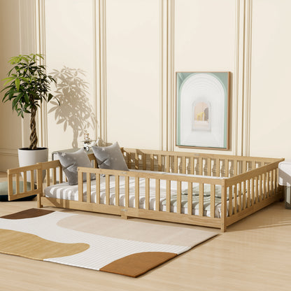 Queen Size Floor Bed with Fence,Door,Rubber Wood Floor Bed with Safety Guardrails,Natural (Old Sku W504P286389) image 3