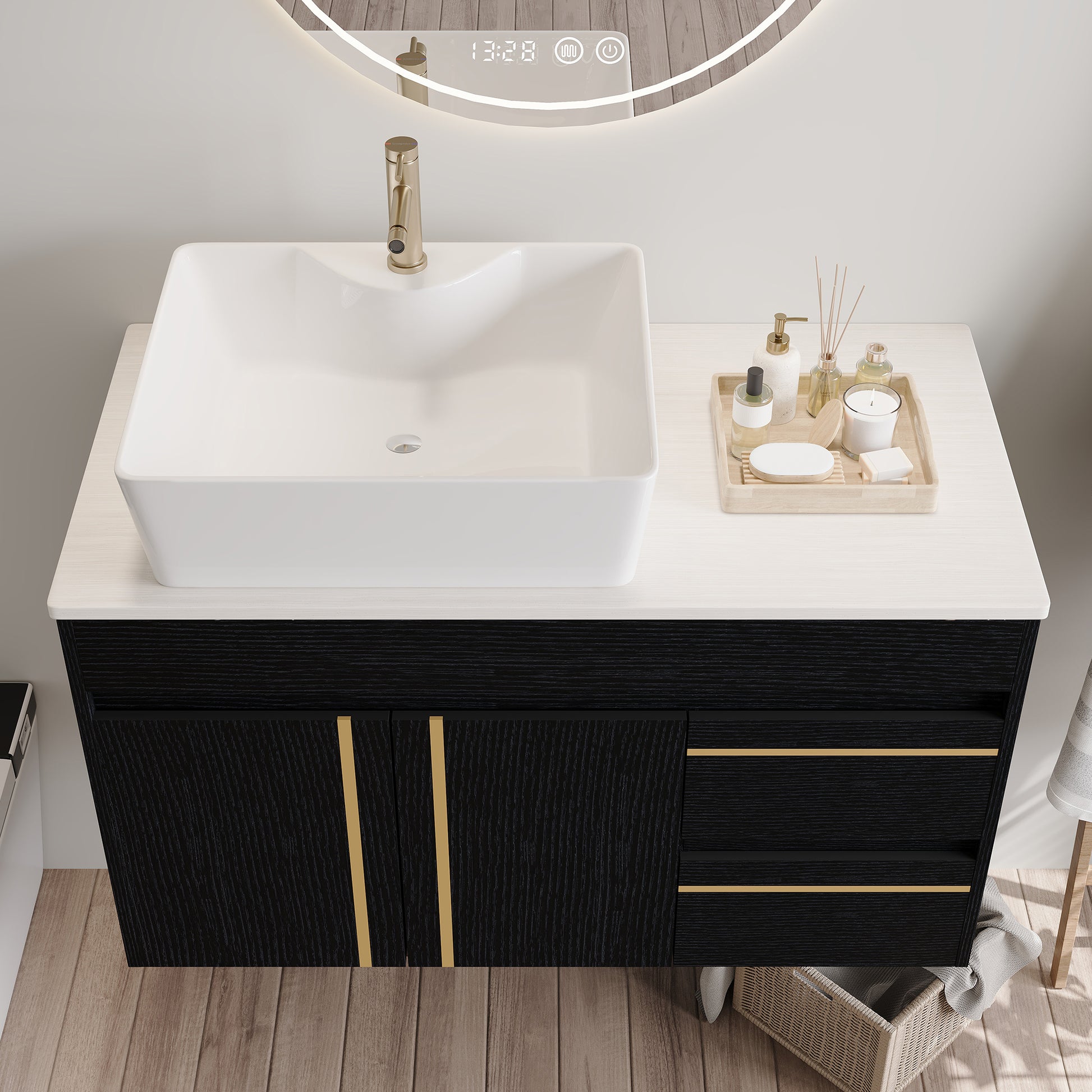 36" Wall-Mounted Bathroom Vanity with Vessel Ceramic Sink & Plywood Countertop – Soft-Close Door & Drawers, Floating Design image 3