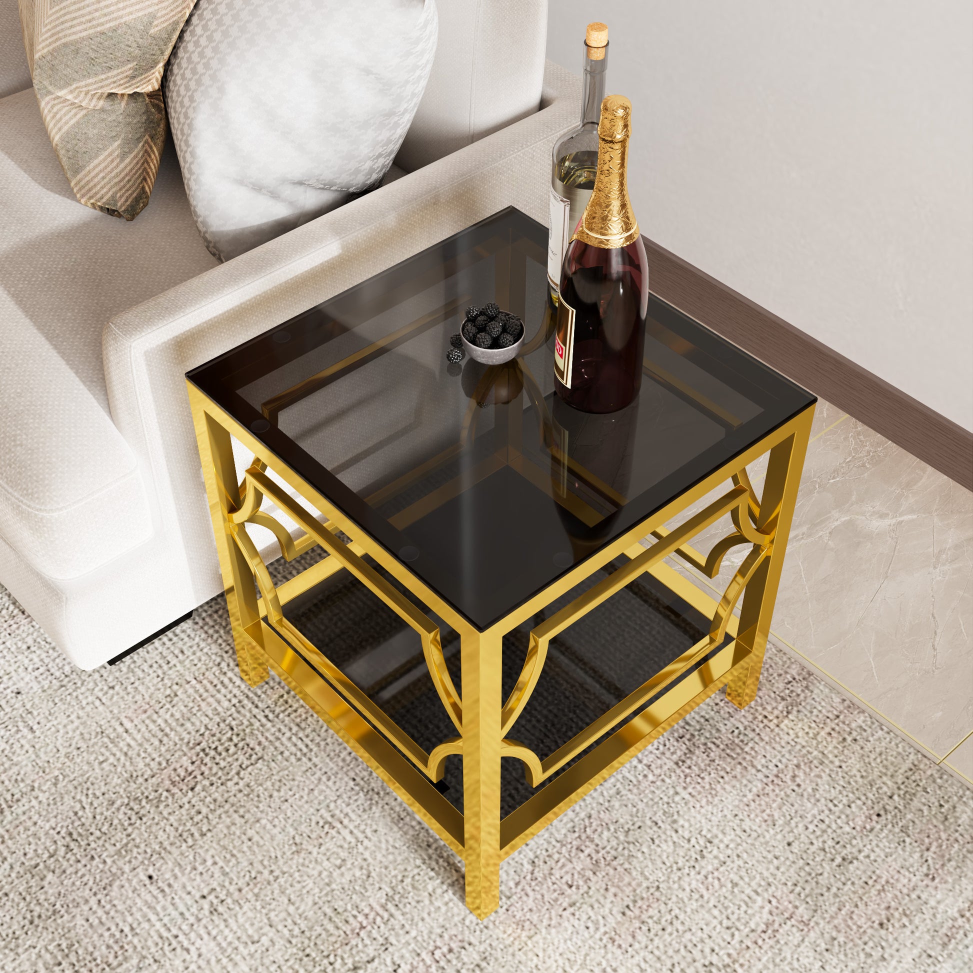 19.7" Modern Gold Square Side Table with Tempered Glass Top & Storage Shelf, Luxury Glam End Table with Metal Frame for Living Room, Bedroom, Sofa Side, Small Space Accent Table image 3