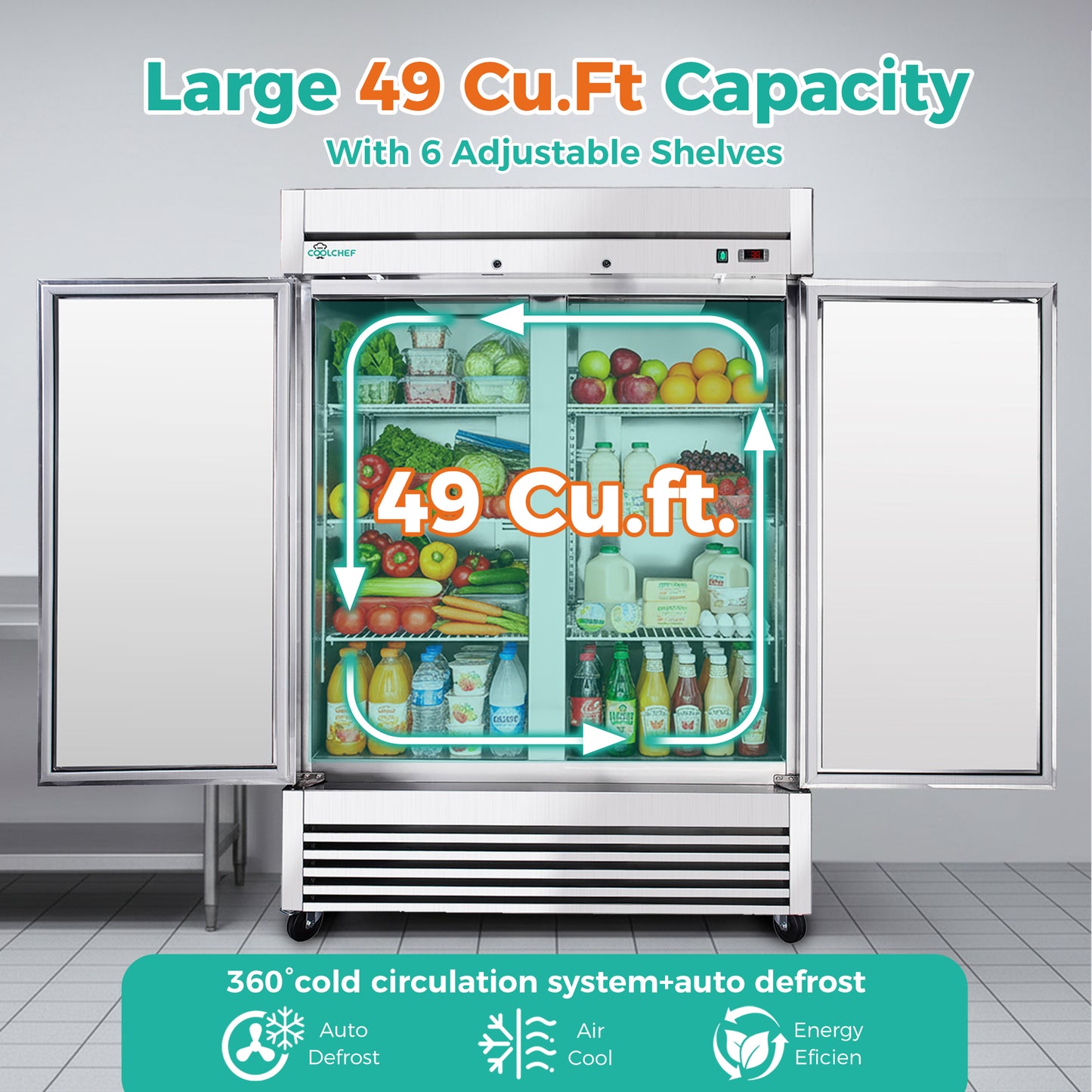 54" Commercial Refrigerator 49 Cu.Ft, Stainless Steel 2 Door Reach-in Fridge, 32–37℉, Air Cooling, LED Light, 6 Shelves, R290, ETL image 9