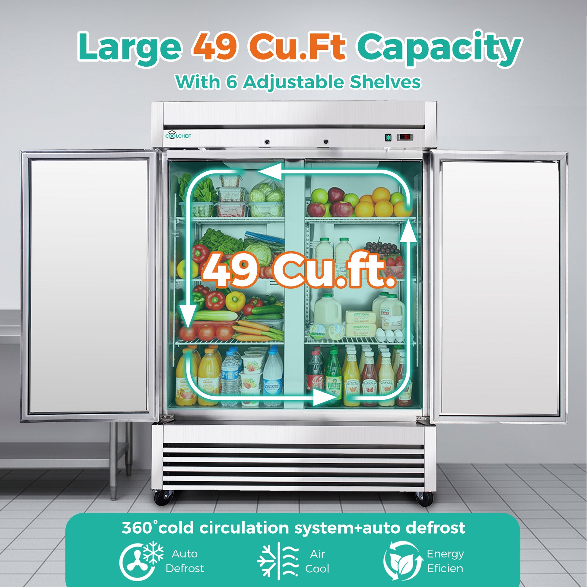 54" Commercial Refrigerator 49 Cu.Ft, Stainless Steel 2 Door Reach-in Fridge, 32–37℉, Air Cooling, LED Light, 6 Shelves, R290, ETL image 9
