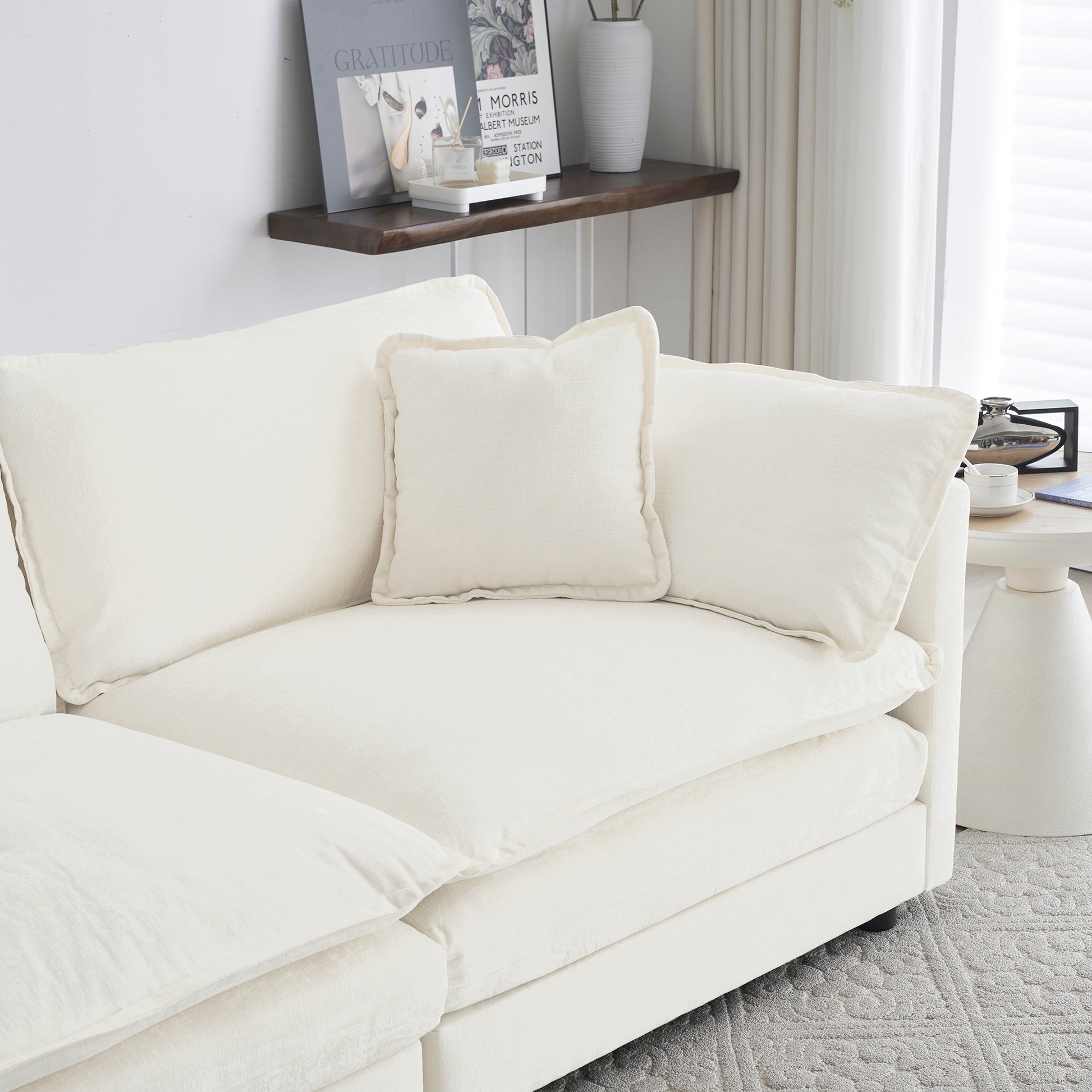Accent Chair Set of 2, High-end Chenille Upholstered Armchairs, Living Room Side Chairs with Toss Pillow, White image 9