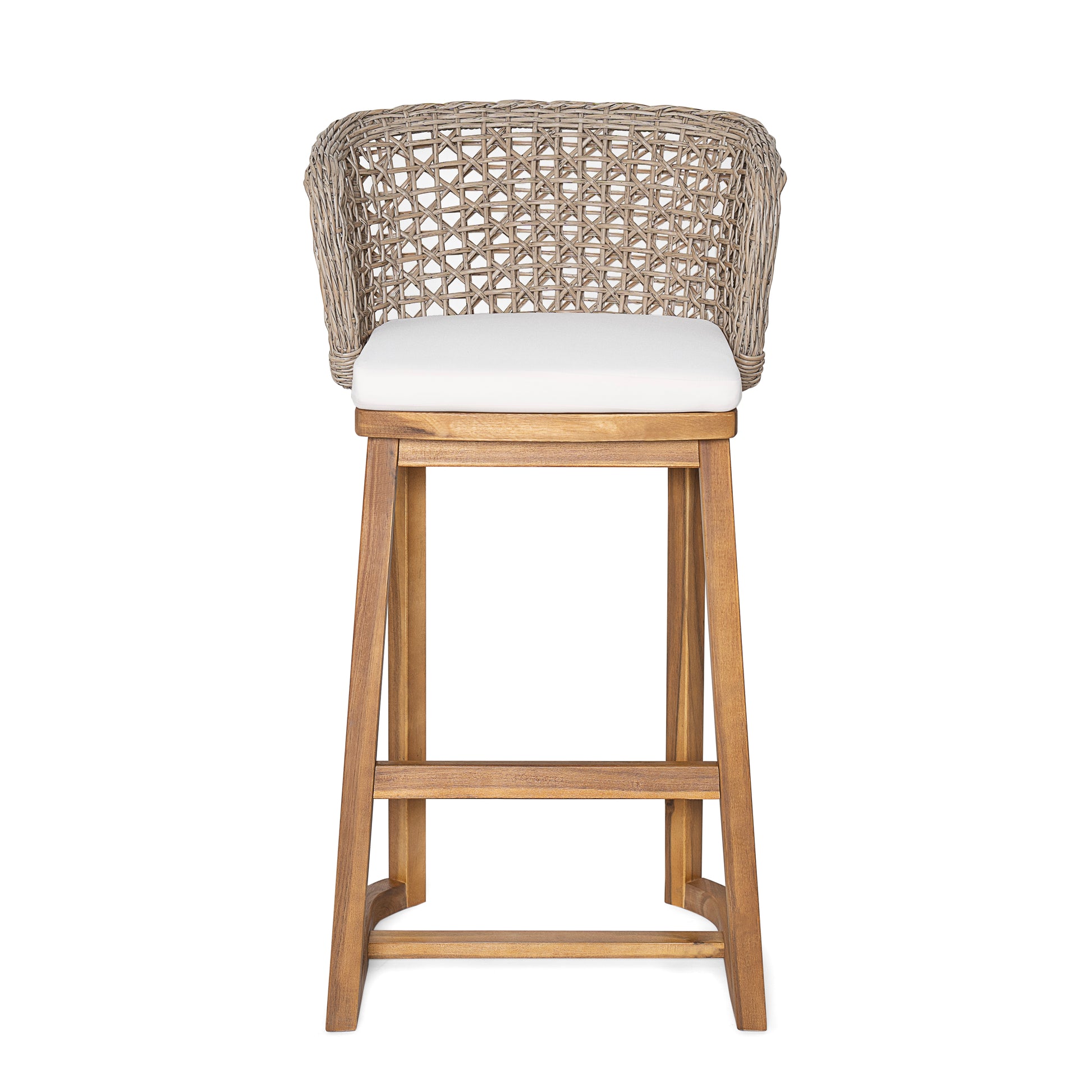 Outdoor Acacia Wood Bar Stools (Set of 2), Teak Finish Bar Height Chairs with Beige Cushion & Light Brown Wicker Back, Counter Height Stools for Patio, Poolside, Kitchen Island image 8