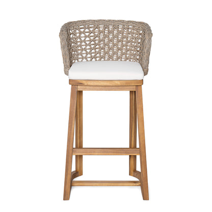 Outdoor Acacia Wood Bar Stools (Set of 2), Teak Finish Bar Height Chairs with Beige Cushion & Light Brown Wicker Back, Counter Height Stools for Patio, Poolside, Kitchen Island image 8