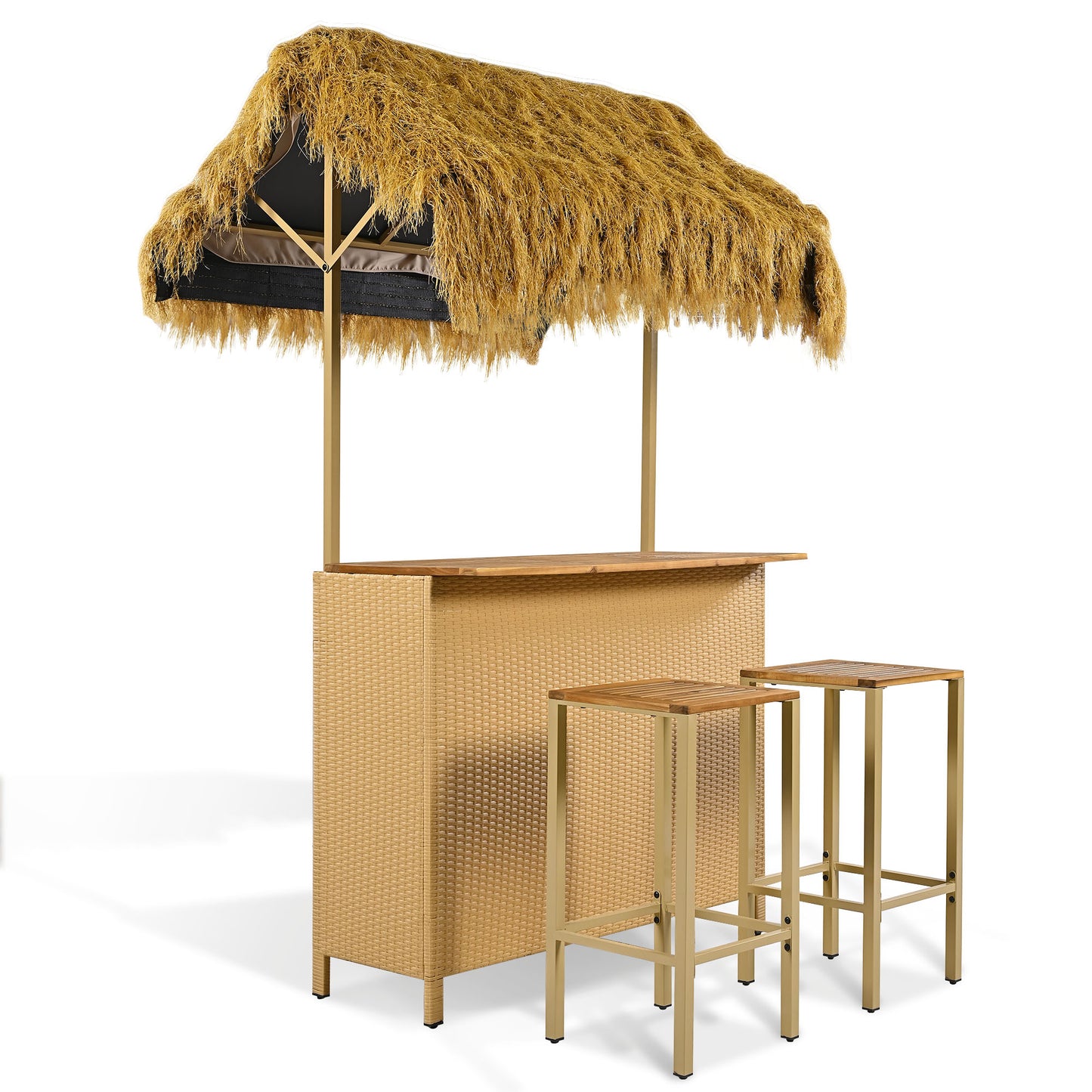 GO Hawaiian-style Bar Height Patio Set with PE Grass Canopy, Outdoor Bar Table and Stools with Adjustable Feet, Acacia Wood Top, for Dining and Drinking, Natural image 5