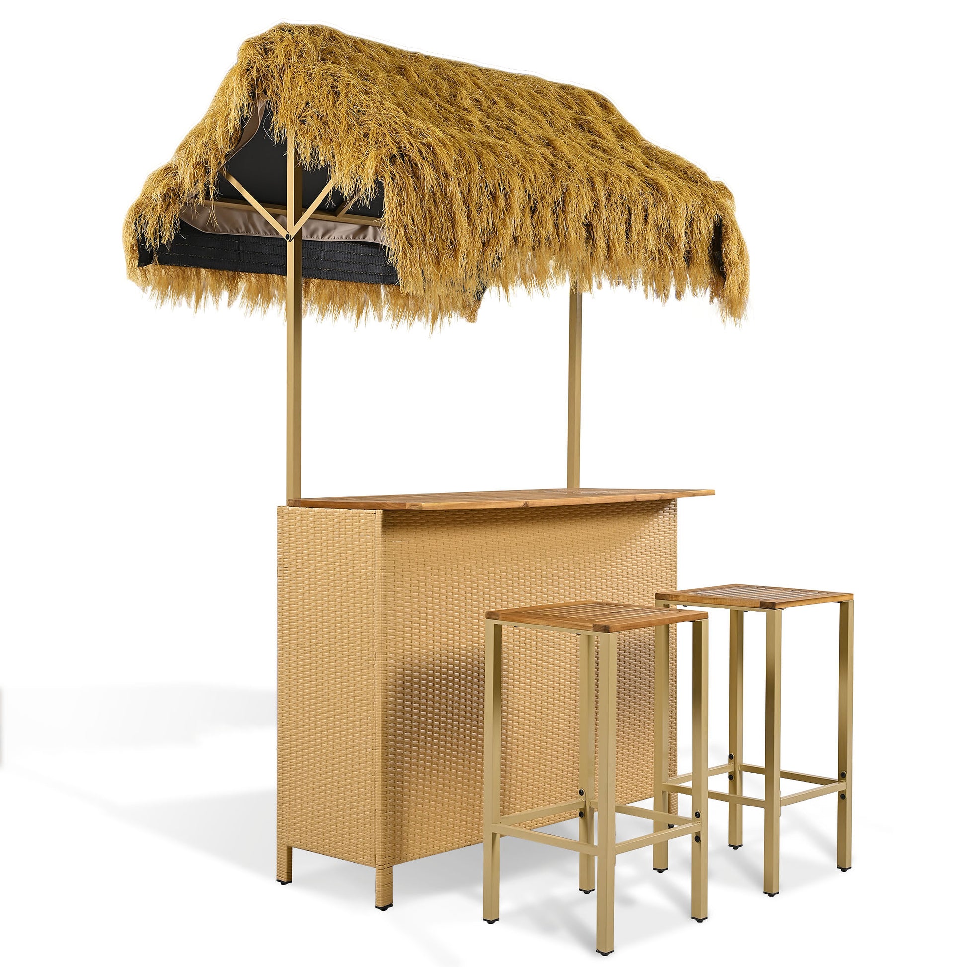 GO Hawaiian-style Bar Height Patio Set with PE Grass Canopy, Outdoor Bar Table and Stools with Adjustable Feet, Acacia Wood Top, for Dining and Drinking, Natural image 5