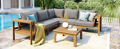 <Old SKU: N704G201249E> 4 Pieces Outdoor Acacia Wood Sofa Set, Woven Mesh Armrests, L-Shaped Patio Furniture Sofa Set with Coffee Table, Outdoor Conversation Set with Gray Cushions and Side Table image 12
