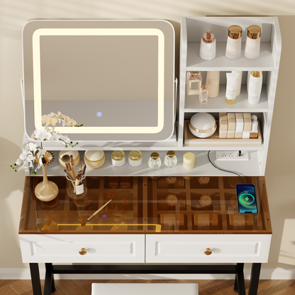 Makeup Vanity with LED Lighted Mirror, 360° Rotatable Mirror, Vanity Desk with 2 Drawers,Power Outlet and 3-Tier Shelves, Amber Glass Table Top, Dressing Table with Sturdy Metal Leg and Stool, White image 7
