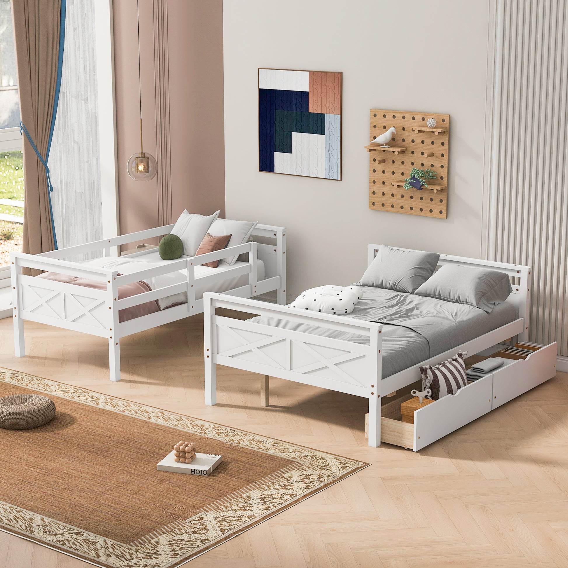Twin over Full Bunk Bed with Ladder, Two Storage Drawers, Safety Guardrail, White image 2
