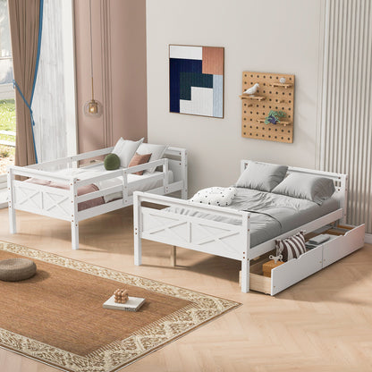 Twin over Full Bunk Bed with Ladder, Two Storage Drawers, Safety Guardrail, White image 2