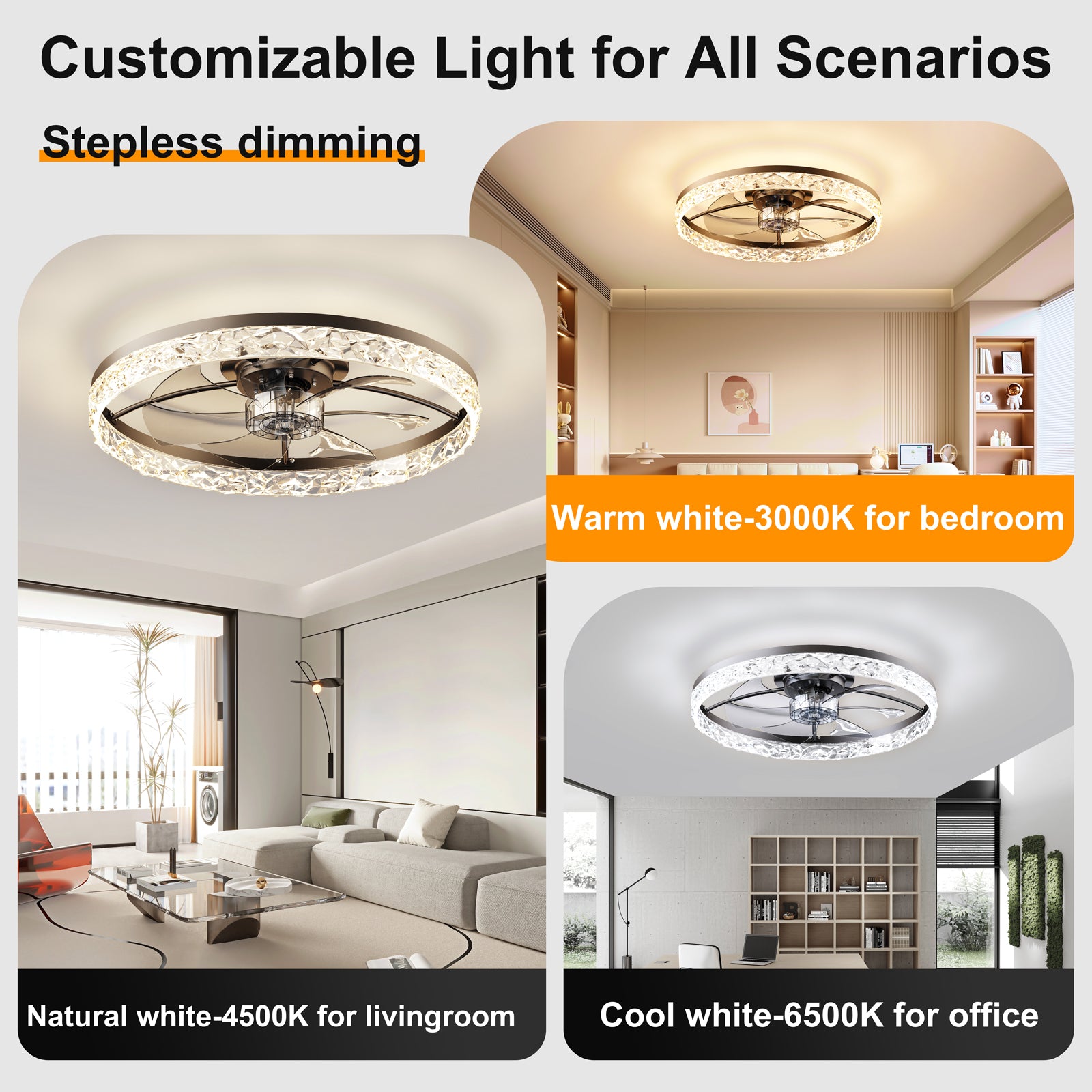 23.6" Ceiling Fans with Lights Remote and APP Control, Dimmable 3-Color and 6-Speed quiet DC Motor, BLACK Ceiling Fan for Bedroom Living Room image 2