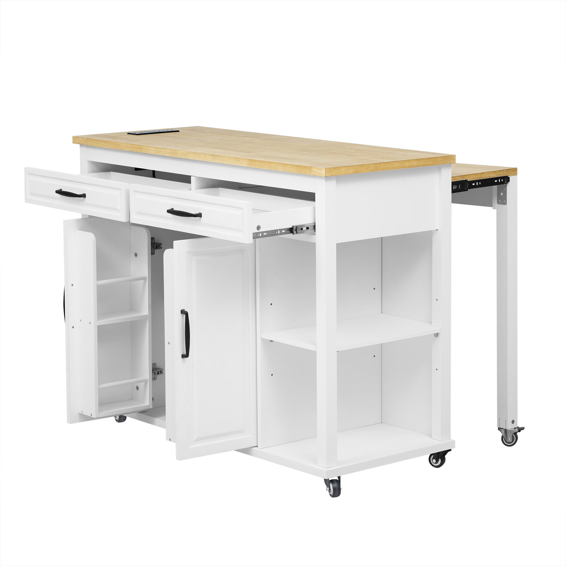 K&K 47 inch Kitchen Island with Extendable Dining Table, Rubber Wood Veneer Kitchen Table with Internal Storage Rack, Power Outlet, Kitchen island with Storage 2 Drawers 2 Cabinet,White image 6