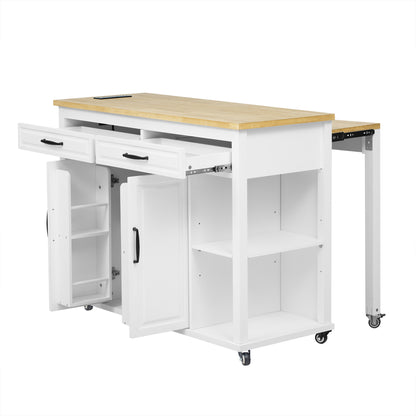 K&K 47 inch Kitchen Island with Extendable Dining Table, Rubber Wood Veneer Kitchen Table with Internal Storage Rack, Power Outlet, Kitchen island with Storage 2 Drawers 2 Cabinet,White image 6
