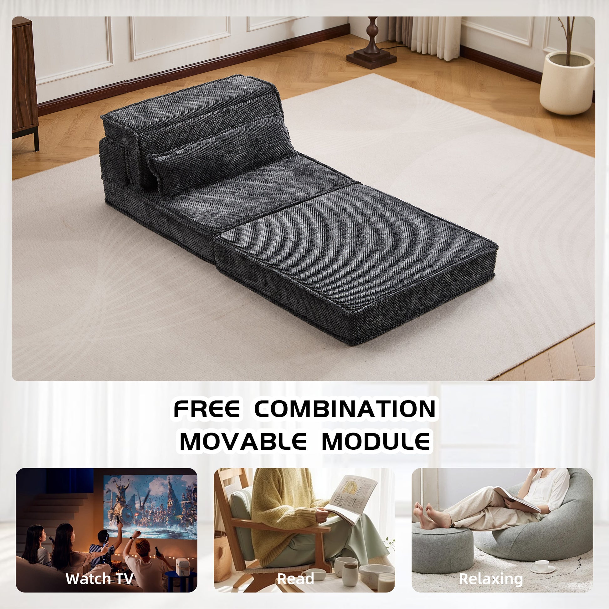 Compression Mahjong Sofa,Convertible Floor Sofa Bed,DIY Boneless Modular Sectional Sofa,No Assembly Required,Circle fleece fabric,Oversized Single Sofa with 1 Pillow,Dark Grey image 7