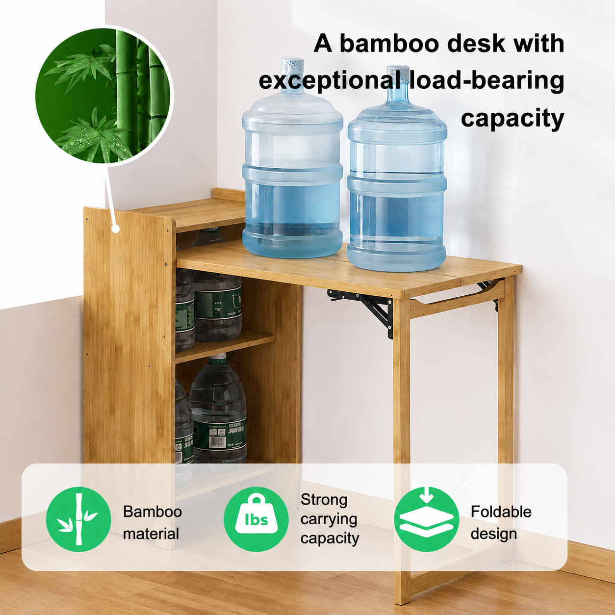 Bamboo Folding Desk, Foldable Desk for Small Space, Computer Desk with Hidden Storage, Mid Century Foldable Table for Home Office and Bedroom (NATURAL WOOD) image 3